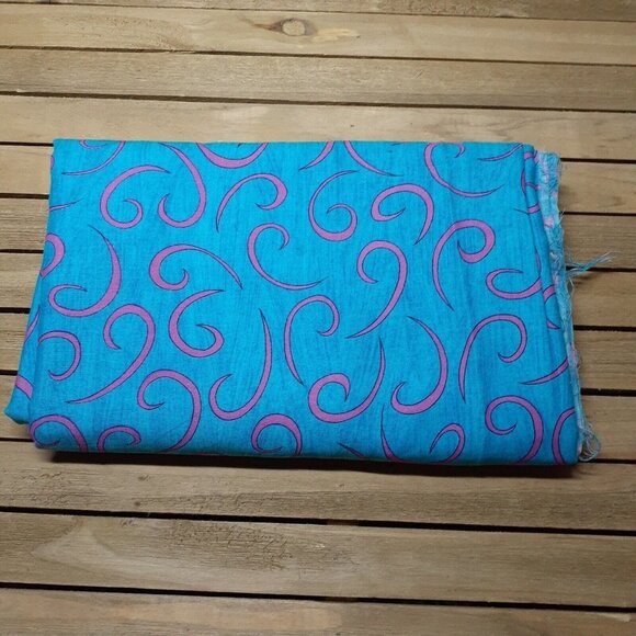 Cotton Sewing Fabric Blue with Whimsical Pink Curly Swirls Fashion Crafts 2 yds - Picture 2 of 4